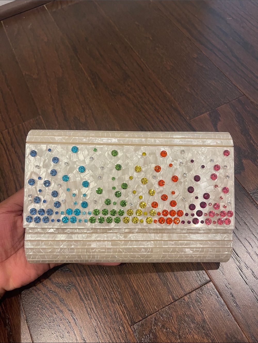Kurt Geiger Pearl White Clutch with Rainbow Crystal Embellishments